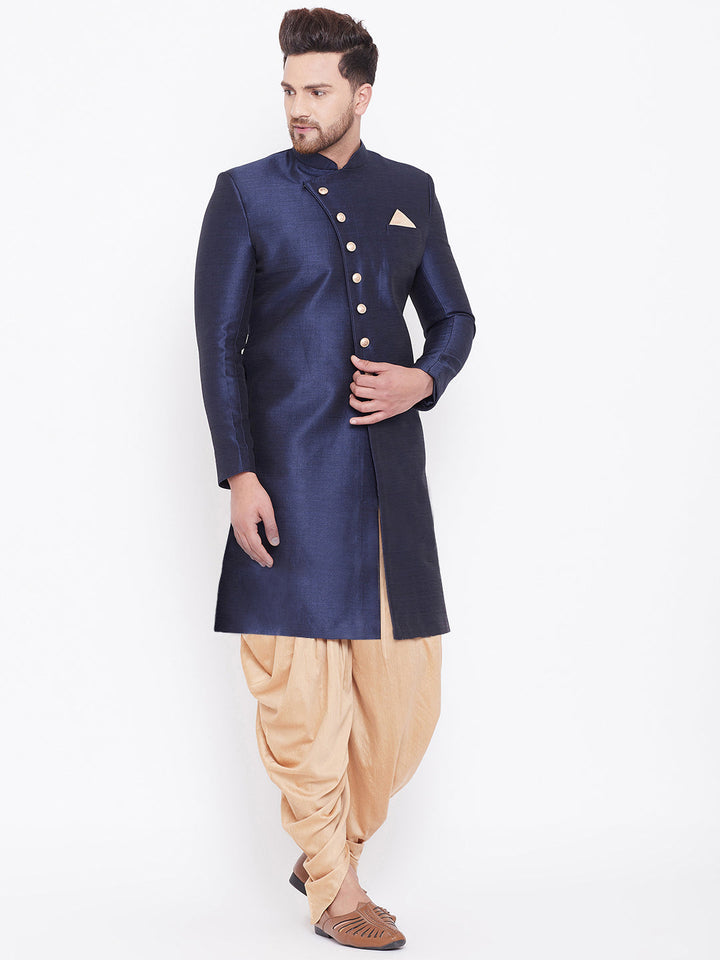 VM BY VASTRAMAY Men's Navy Blue Silk Blend Sherwani Only Top