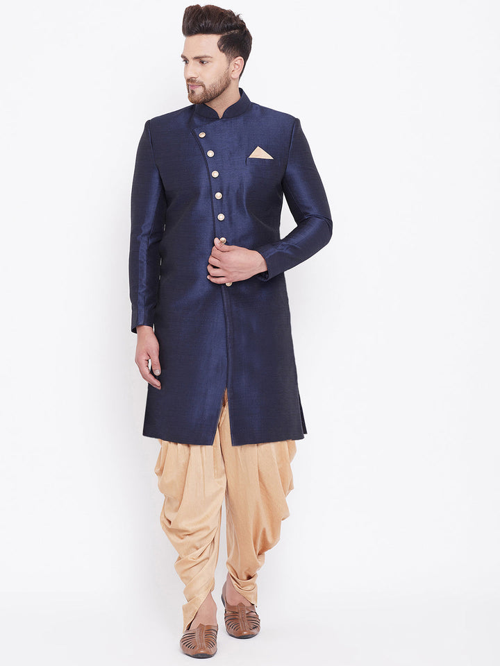 VM By VASTRAMAY Men's Navy Blue And Rose Gold Silk Blend Sherwani Set