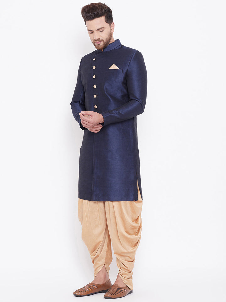 VM By VASTRAMAY Men's Navy Blue And Rose Gold Silk Blend Sherwani Set