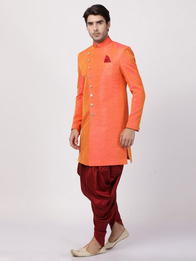 VM By VASTRAMAY Men's Orange Silk Blend Sherwani Set