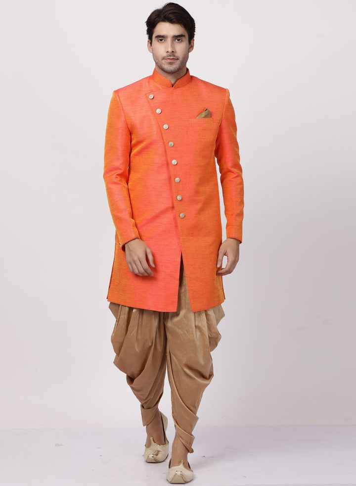 VM By VASTRAMAY Men's Orange Silk Blend Sherwani Set