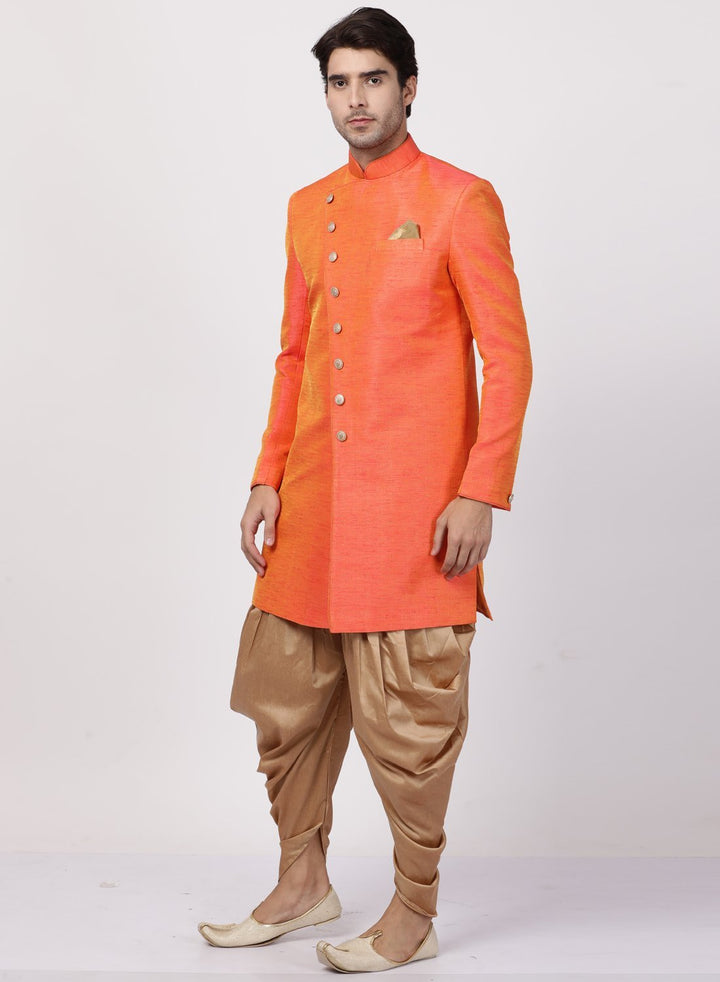 VM By VASTRAMAY Men's Orange Silk Blend Sherwani Set