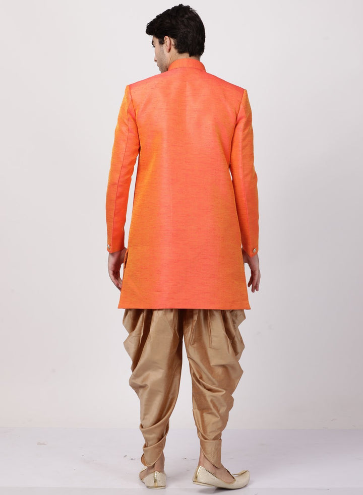 VM By VASTRAMAY Men's Orange Silk Blend Sherwani Set