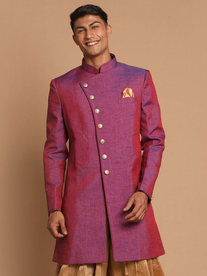 VM By VASTRAMAY Men's Purple Angrakha Style Jute Royal Sherwani Only Top