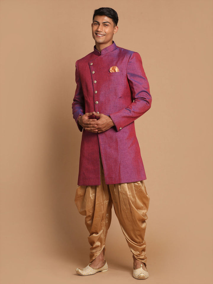 VM BY VASTRAMAY Men's Purple And Rose Gold Jute Sherwani Set