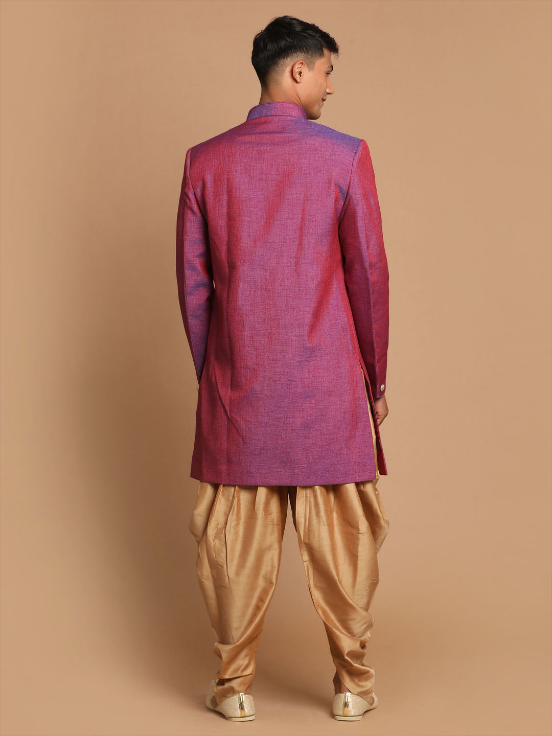 VM BY VASTRAMAY Men's Purple And Rose Gold Jute Sherwani Set