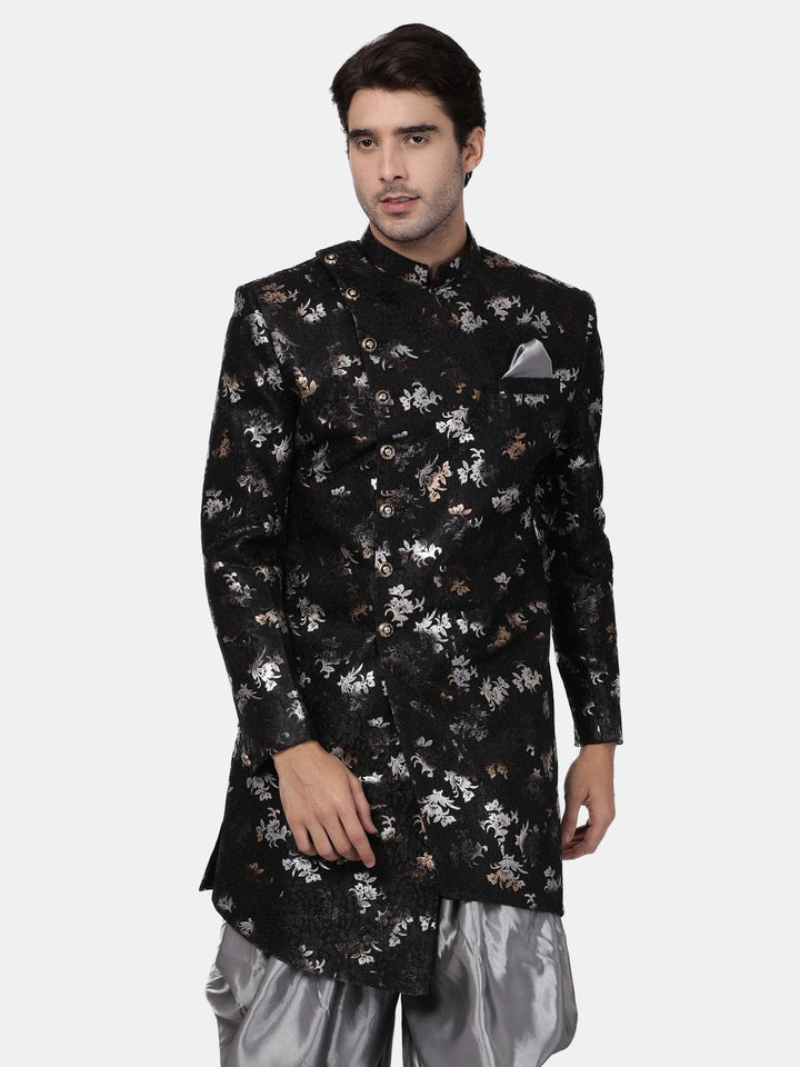 VASTRAMAY Men's Black Silk Blend Sherwani Only Top