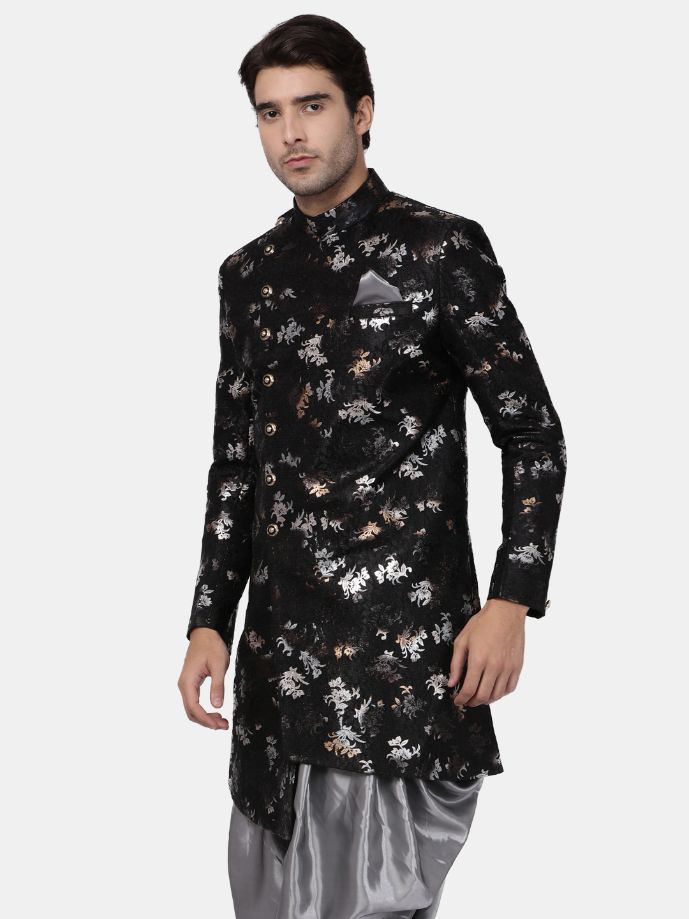 VASTRAMAY Men's Black Silk Blend Sherwani Only Top