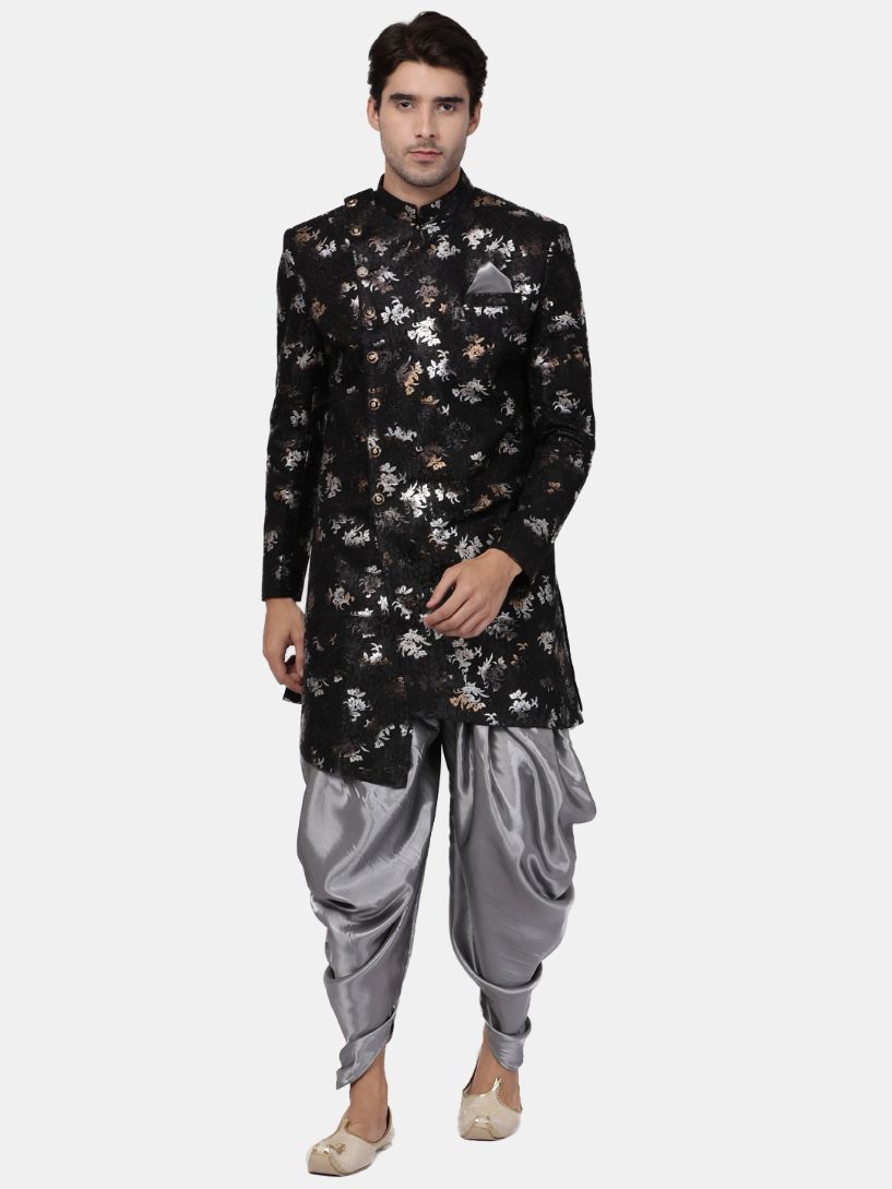 VASTRAMAY Men's Black Silk Blend Sherwani Only Top