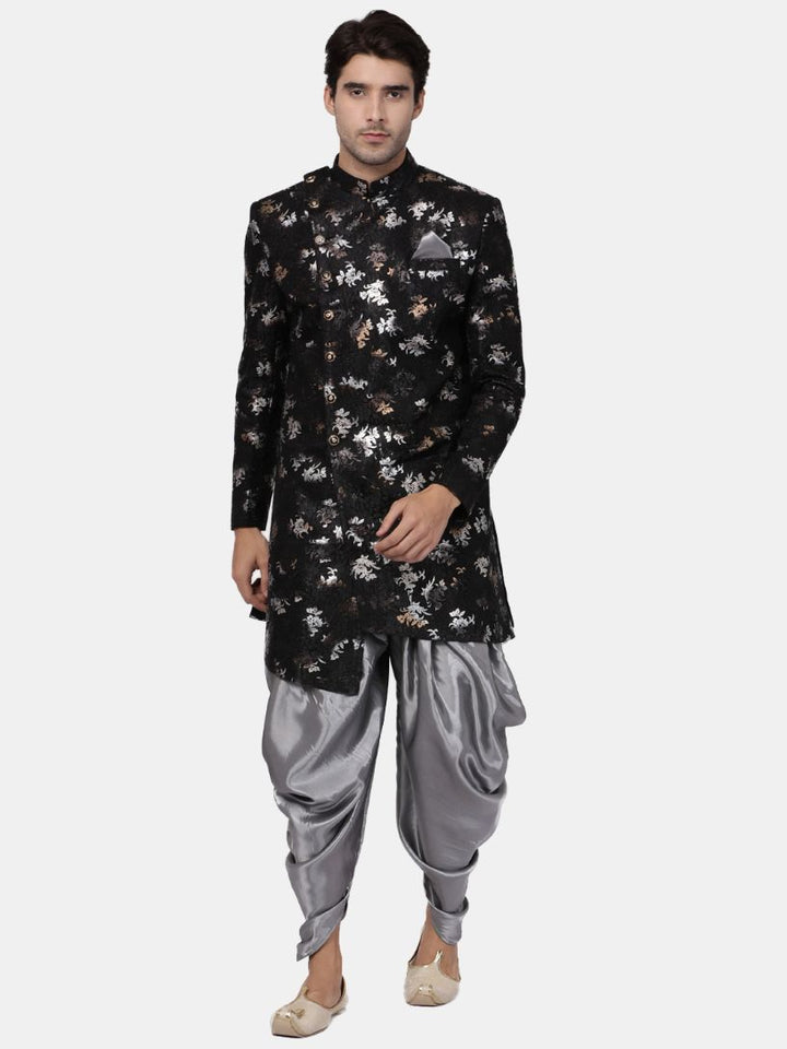 VASTRAMAY Men's Black Silk Blend Sherwani Only Top