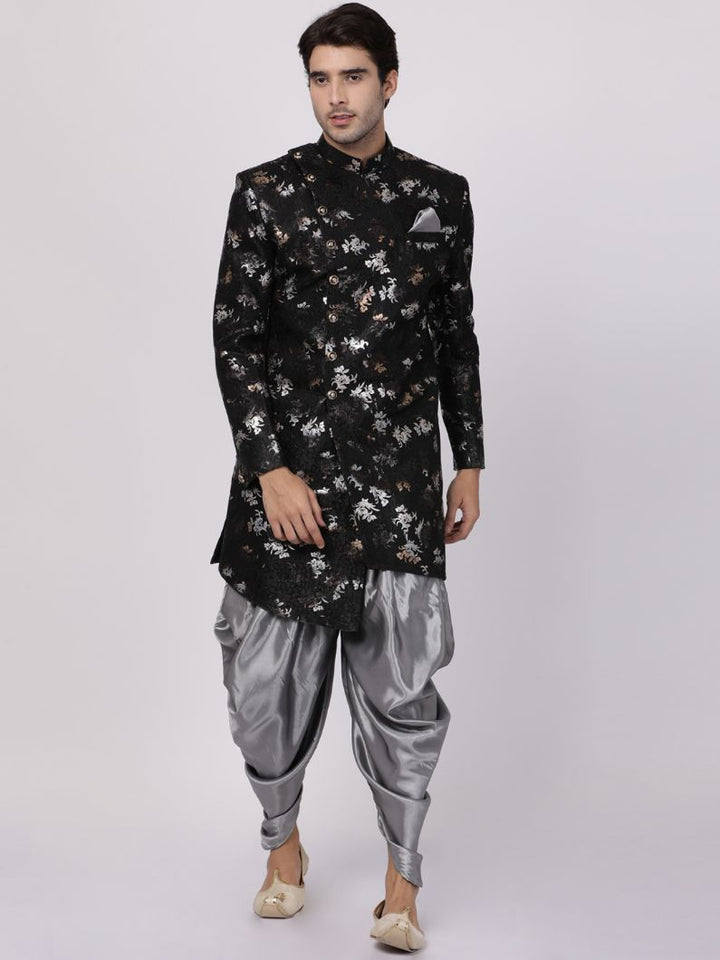 VASTRAMAY Men's Black Silk Blend Sherwani Set