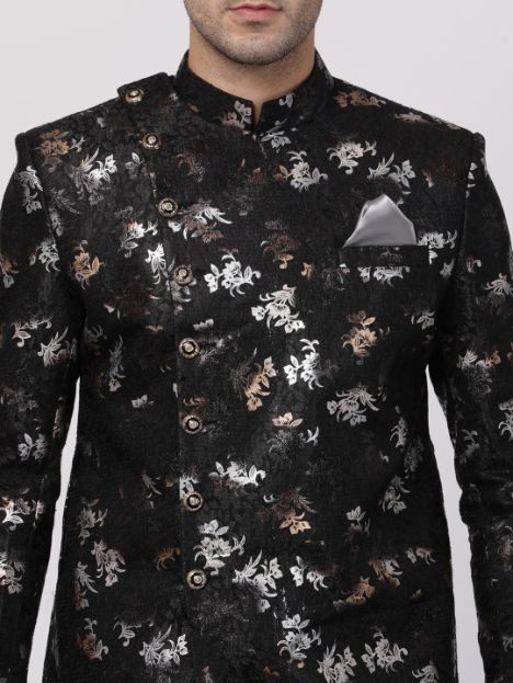 VASTRAMAY Men's Black Silk Blend Sherwani Set