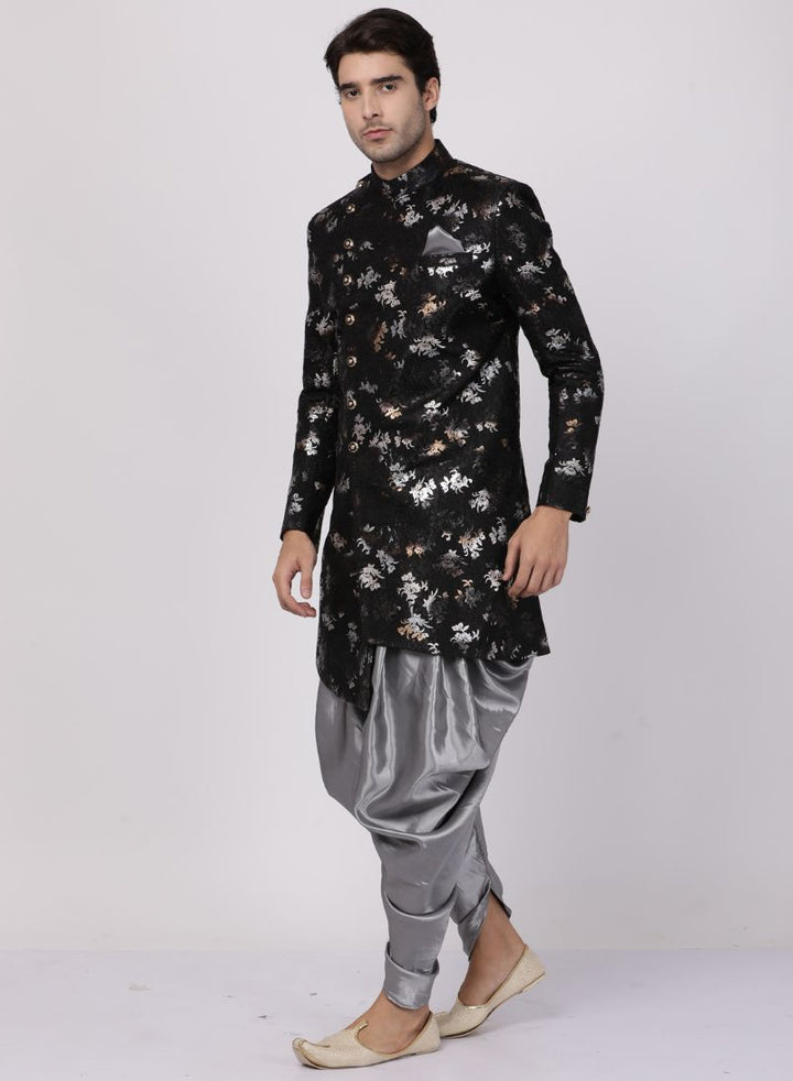 VASTRAMAY Men's Black Silk Blend Sherwani Set