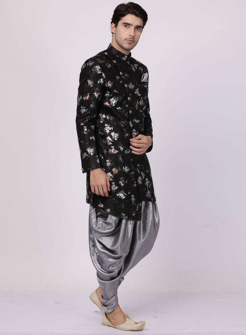 VASTRAMAY Men's Black Silk Blend Sherwani Set