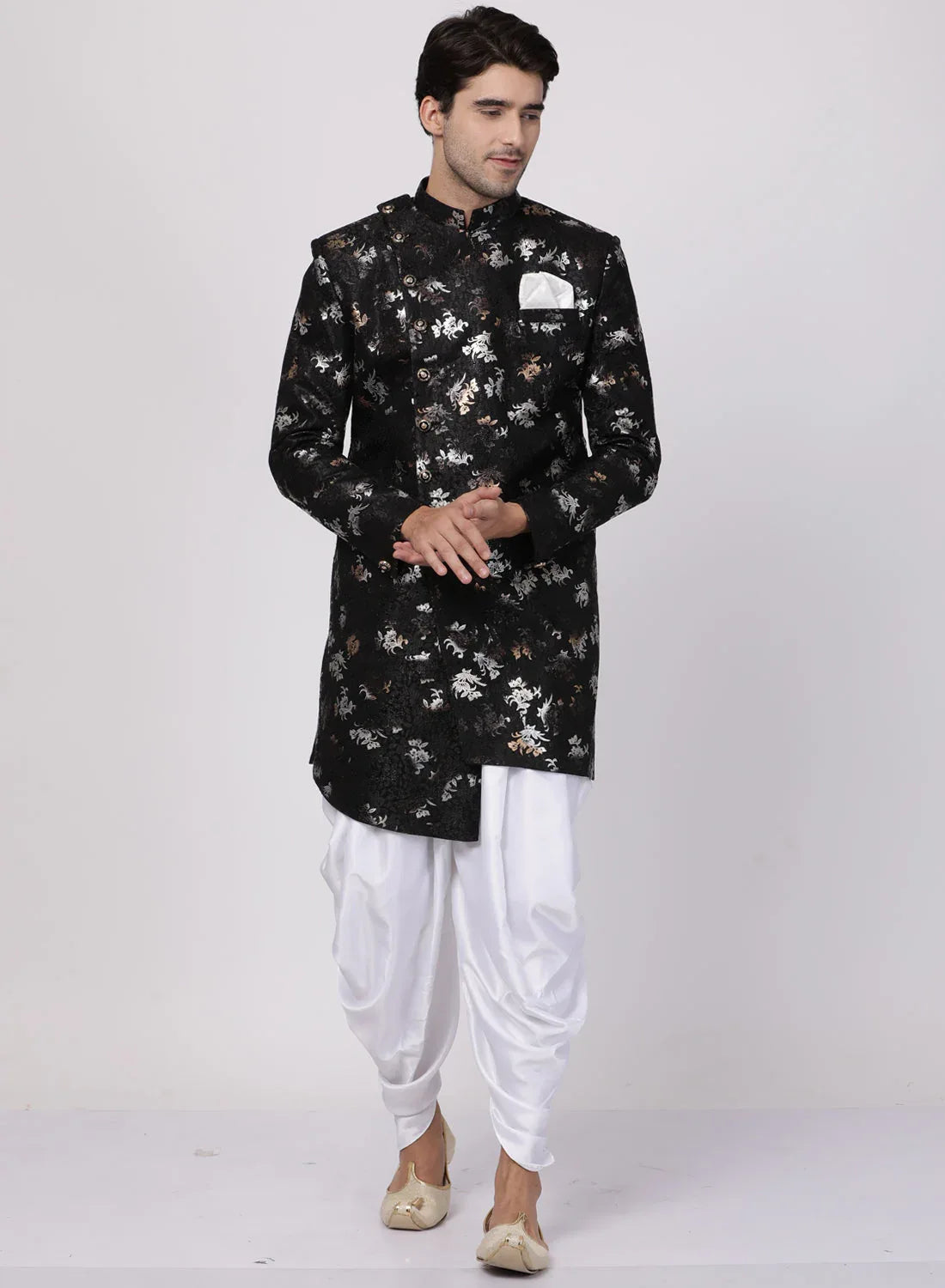 VASTRAMAY Men's Black Silk Blend Sherwani Set