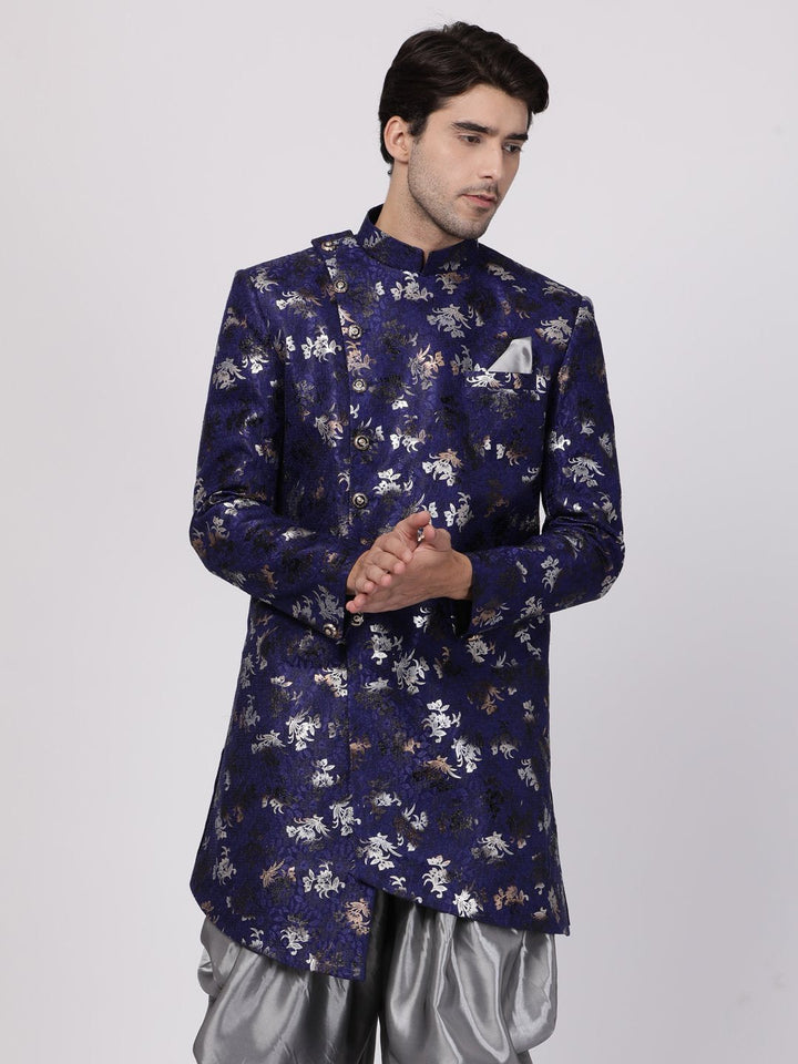 VASTRAMAY Men's Blue Silk Blend Sherwani Only Top