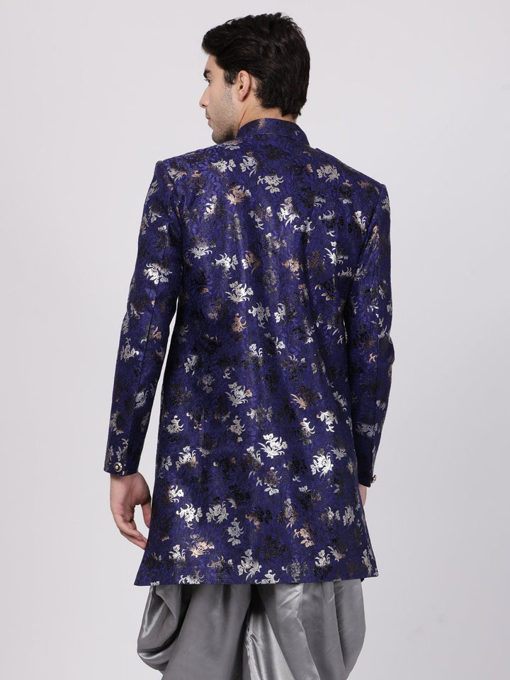 VASTRAMAY Men's Blue Silk Blend Sherwani Only Top