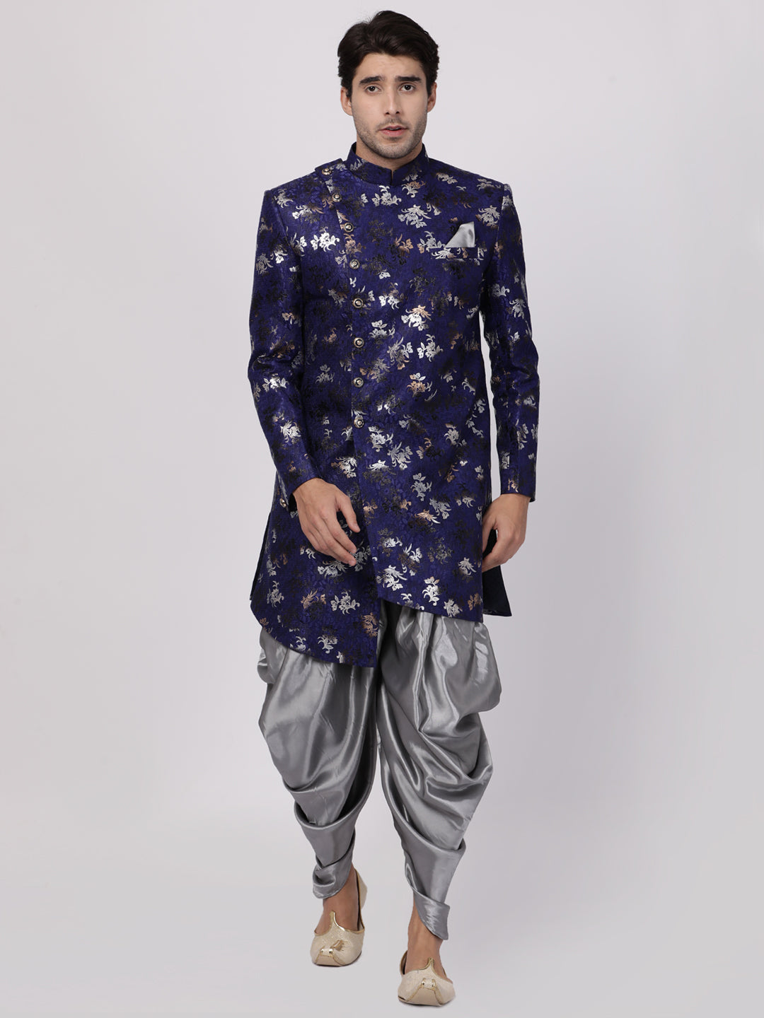 VASTRAMAY Men's Blue Silk Blend Sherwani Only Top