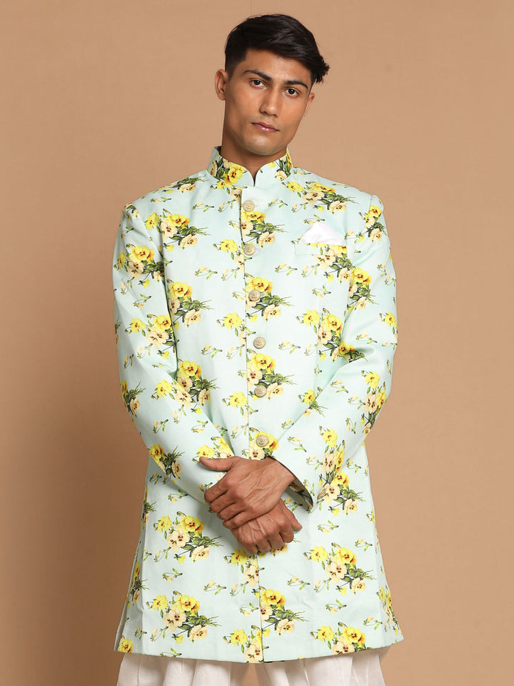 VASTRAMAY Men's Light Green Silk Blend Sherwani Only Top