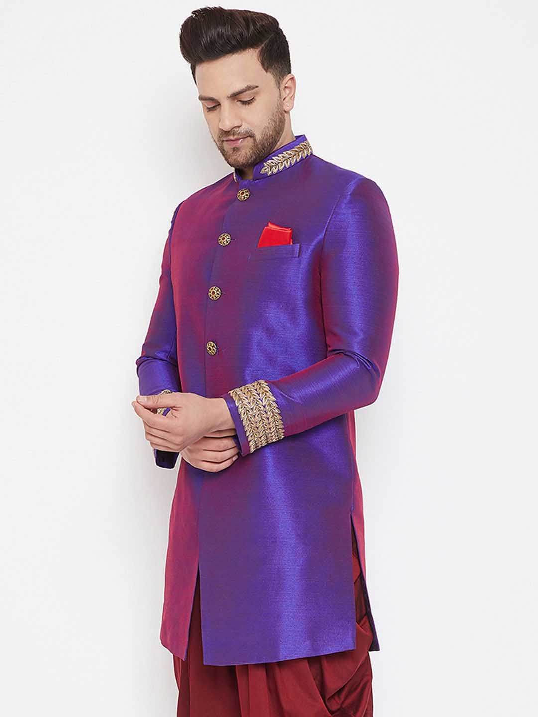 Vastramay Men's Purple Silk Blend Sherwani Top