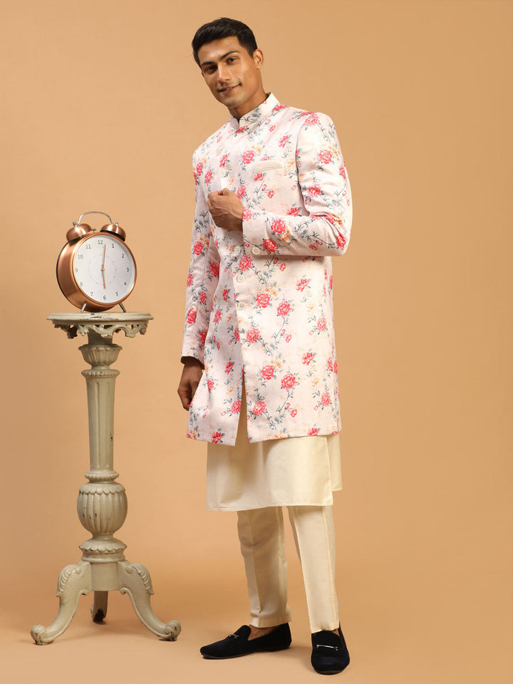 VASTRAMAY Men's Multicolor Base Peach Silk Blend Sherwani with Kurta Pant Set