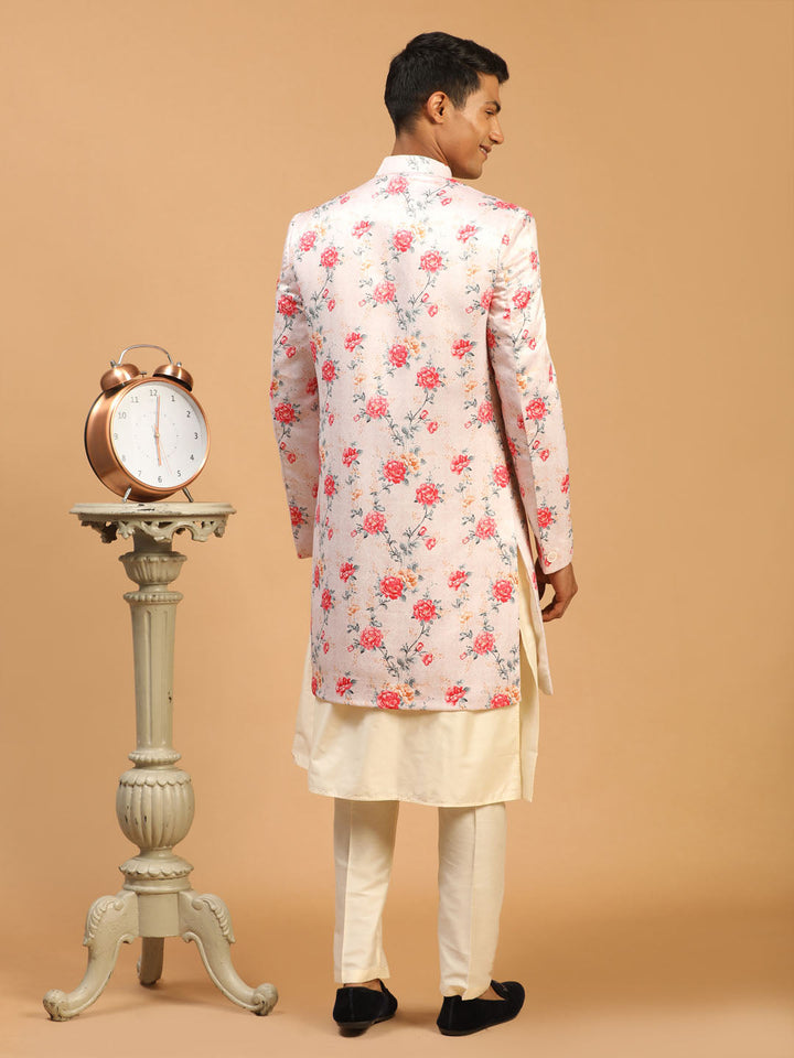 VASTRAMAY Men's Multicolor Base Peach Silk Blend Sherwani with Kurta Pant Set