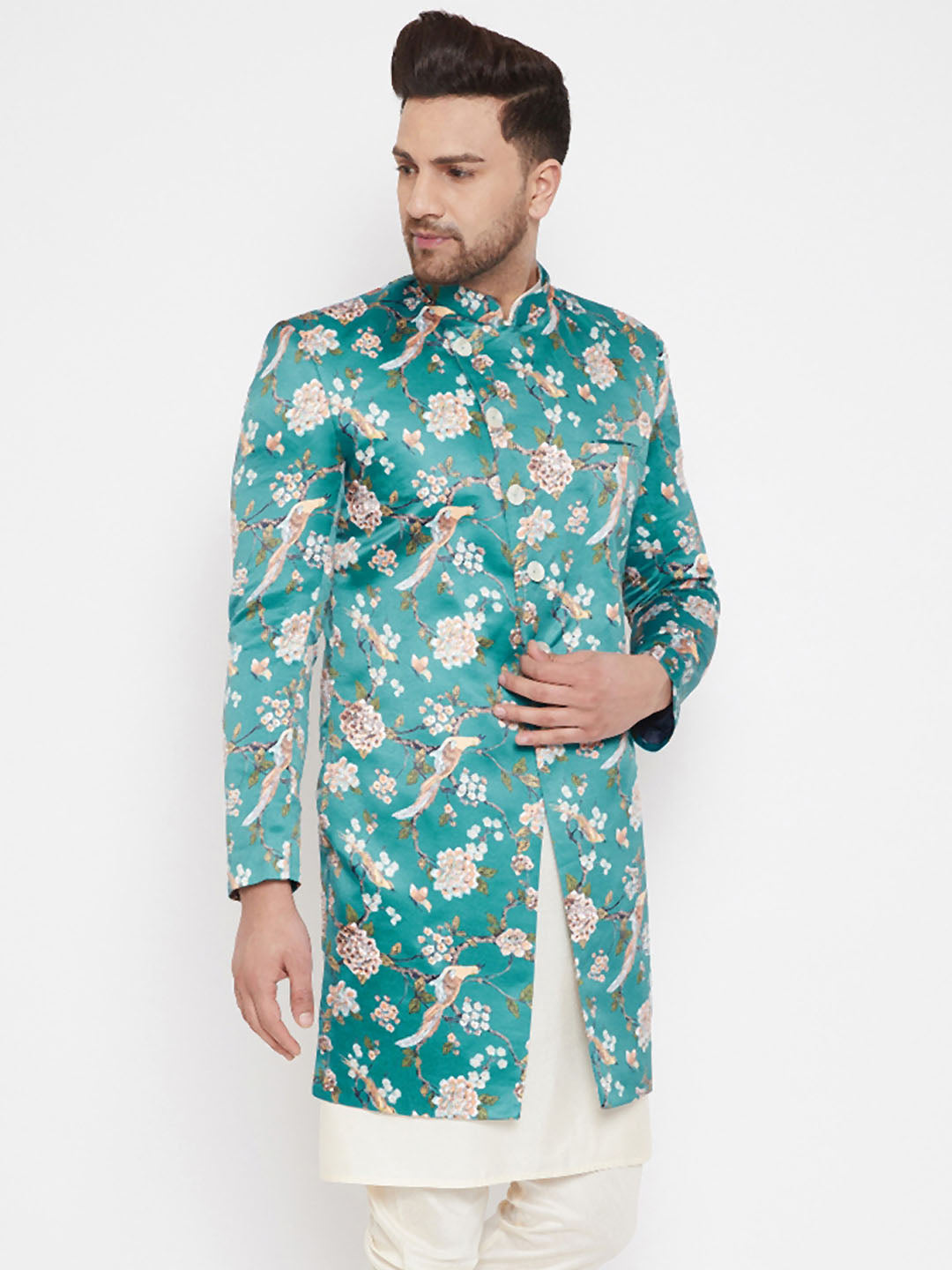 VASTRAMAY Men's Multicolor Base Blue Silk Blend Sherwani Top