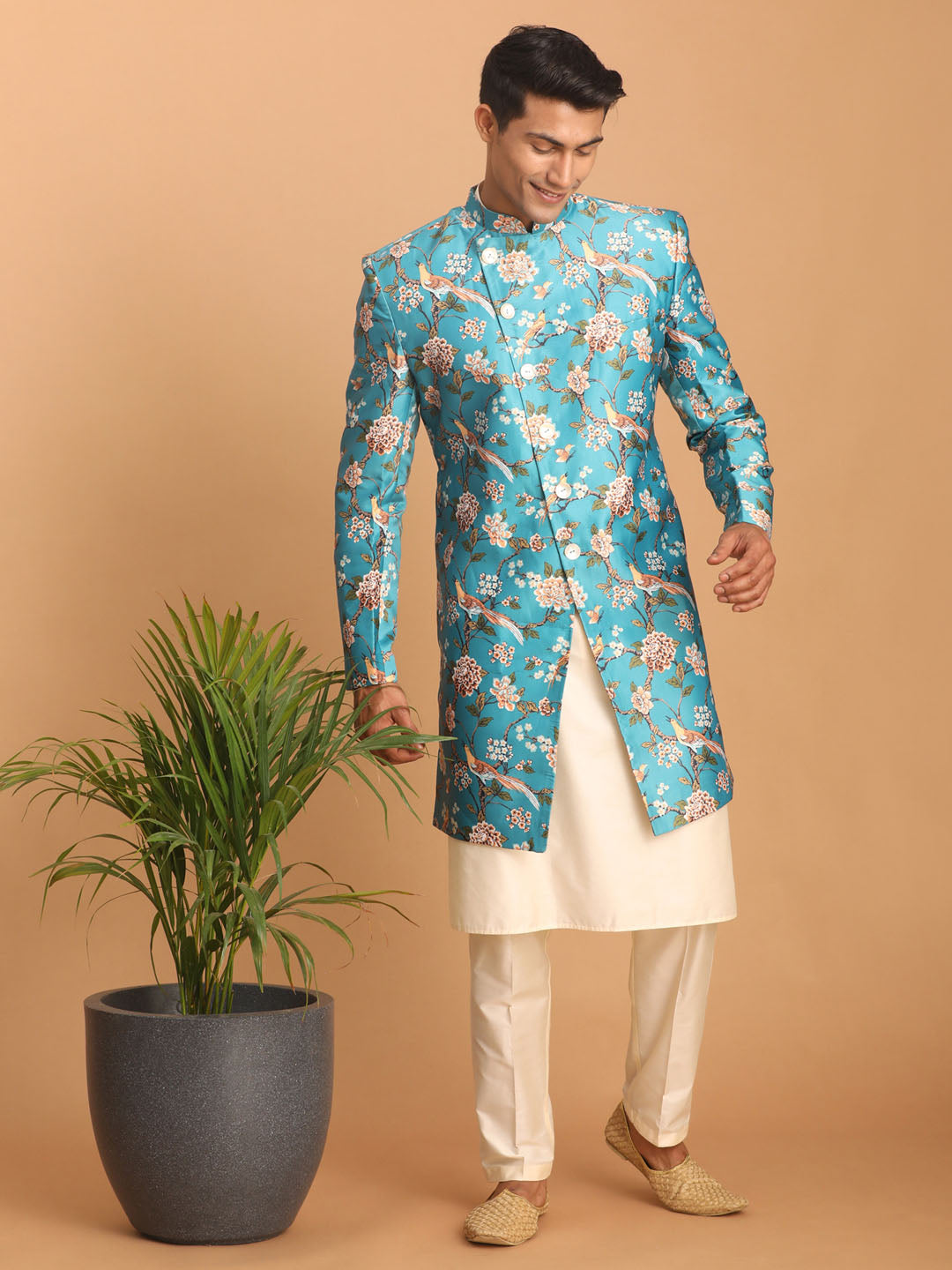 VASTRAMAY Men's Multicolor Base Blue Silk Blend Sherwani With Kurta Pant Set