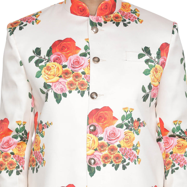 VASTRAMAY Men' Off White Floral Print Sherwani Top