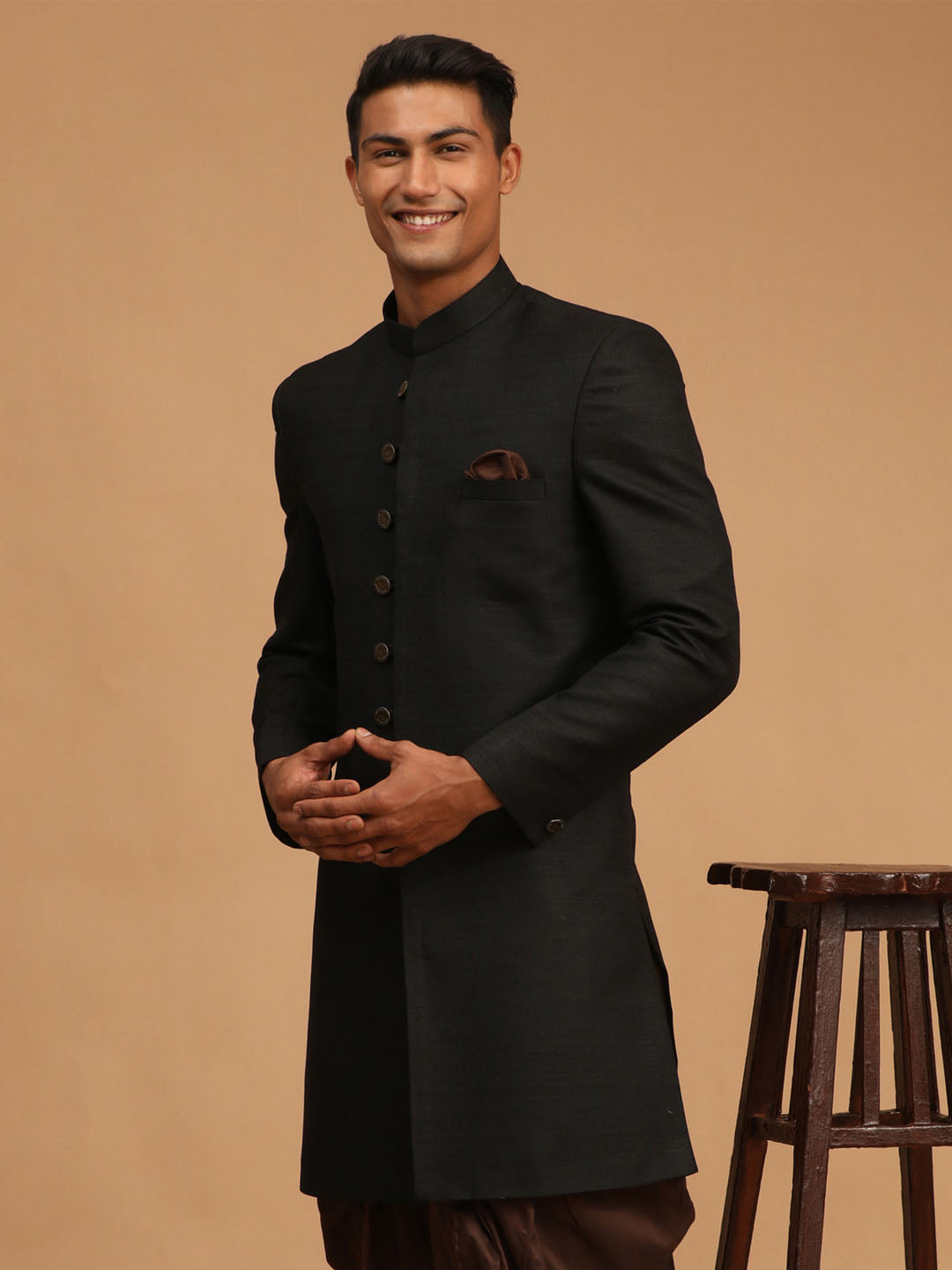 VASTRAMAY Men's Black Sherwani Only Top