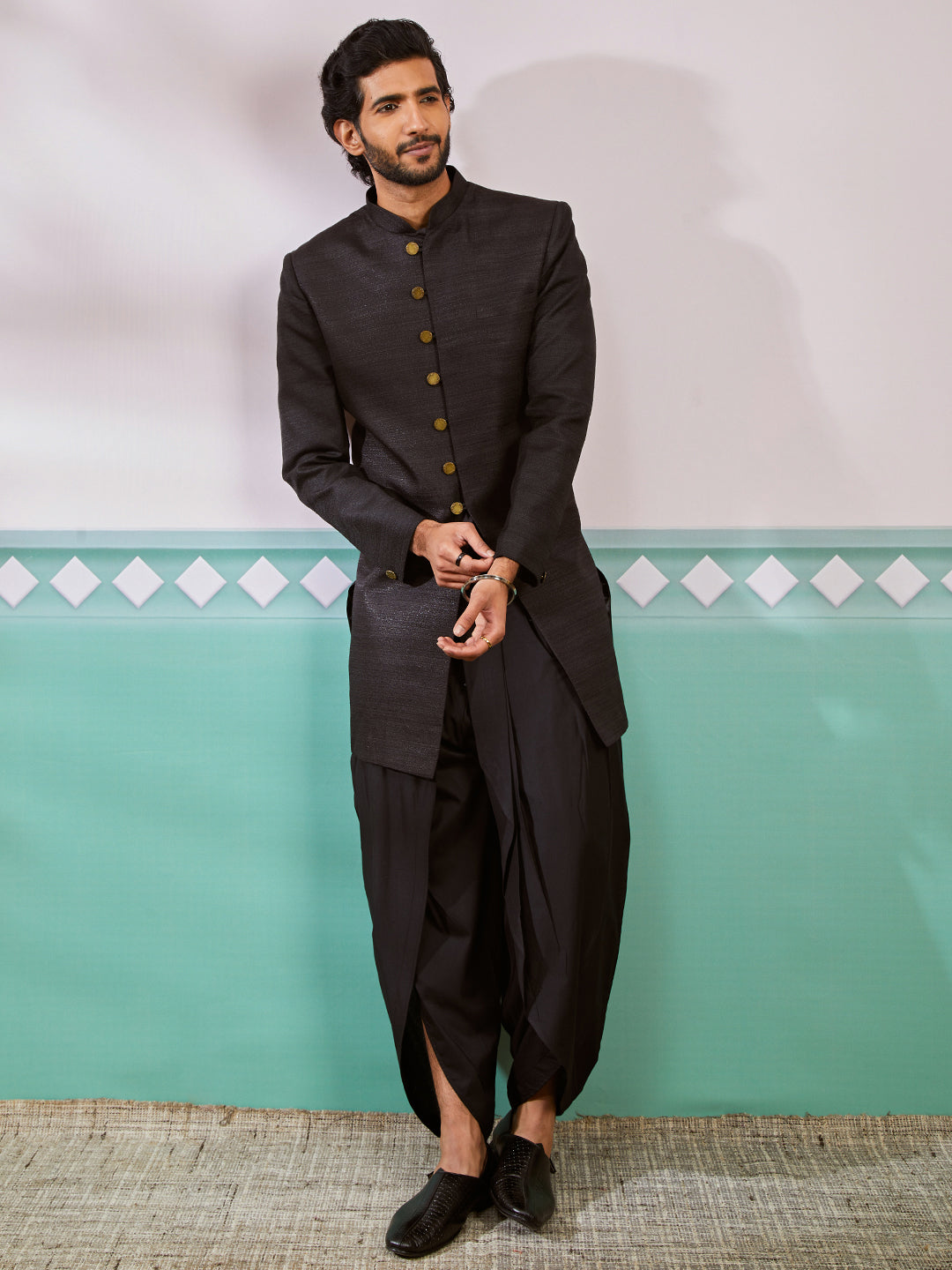 Men's Black  Silk Blend Sherwani Set