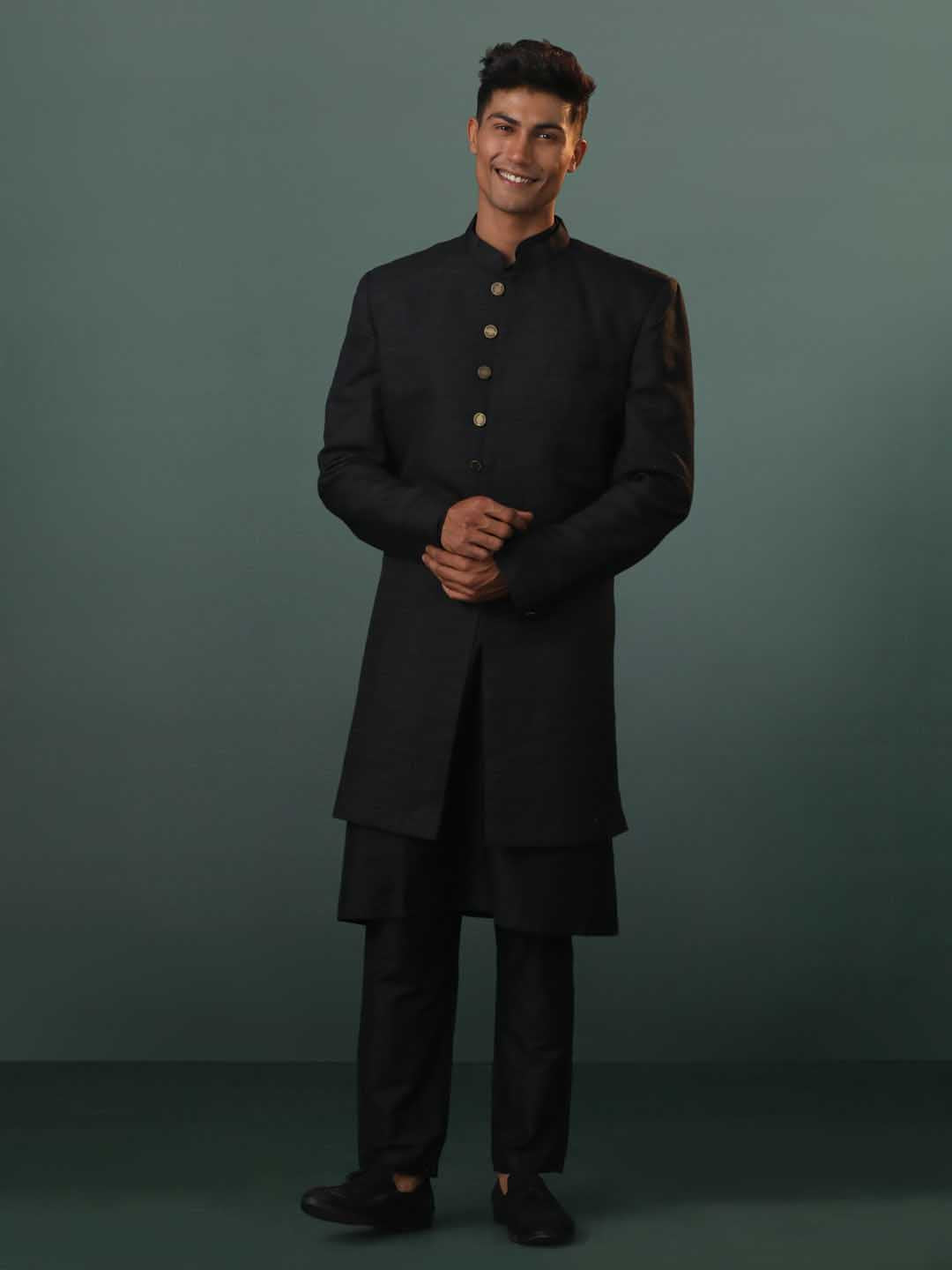 Men's Black Sherwani With Kurta Pant Set