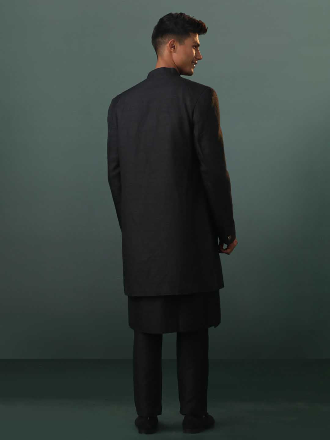 Men's Black Sherwani With Kurta Pant Set