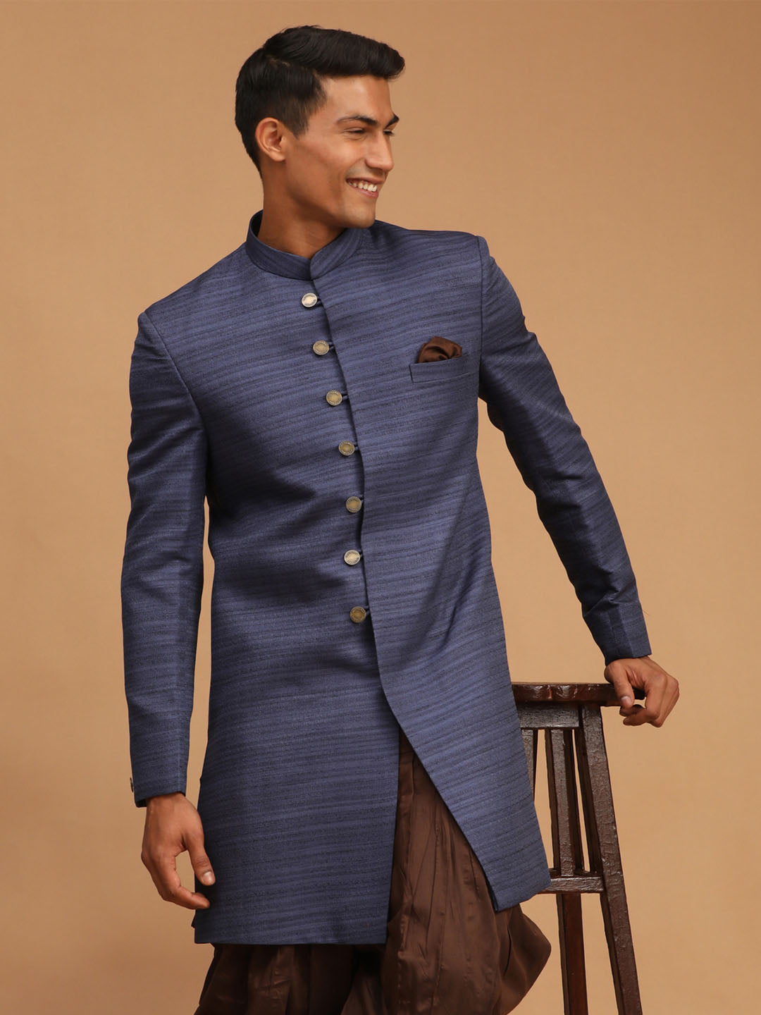 VASTRAMAY Men's Navy Blue Sherwani Only Top