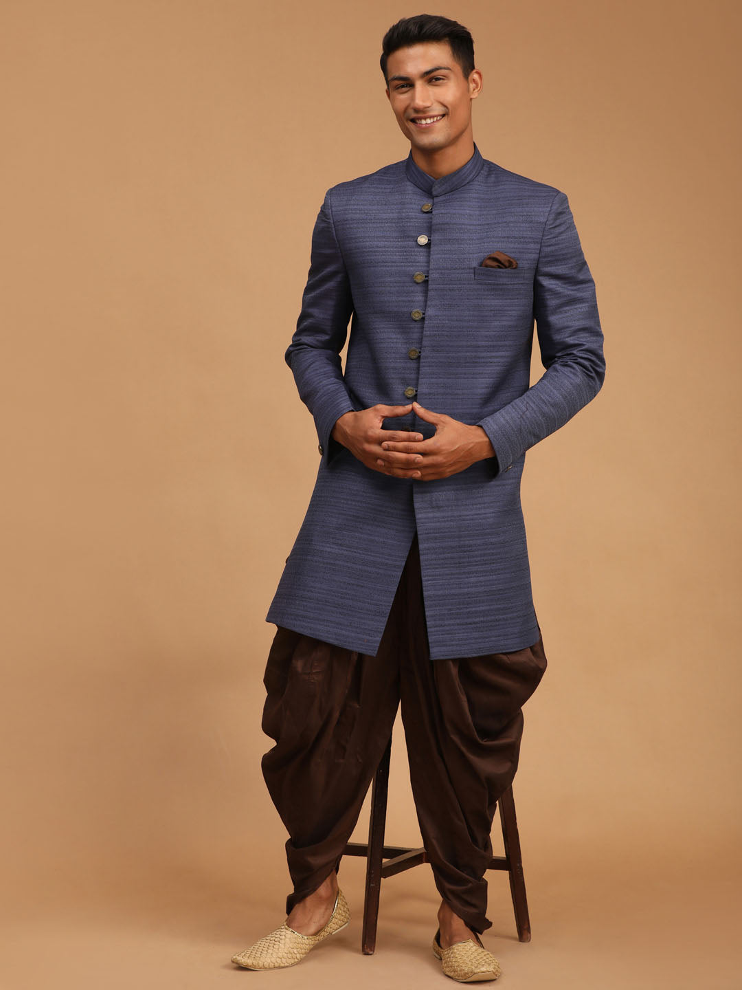 VASTRAMAY Men's Navy Blue Sherwani Only Top