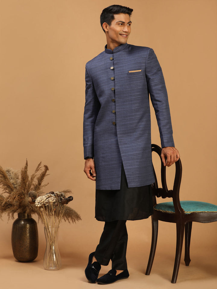 VASTRAMAY Men's Navy Blue Sherwani With Black Kurta Pant Set