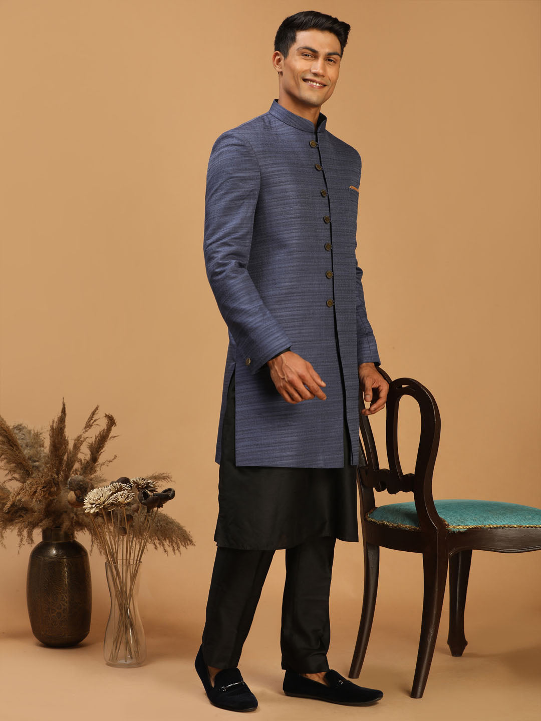 VASTRAMAY Men's Navy Blue Sherwani With Black Kurta Pant Set