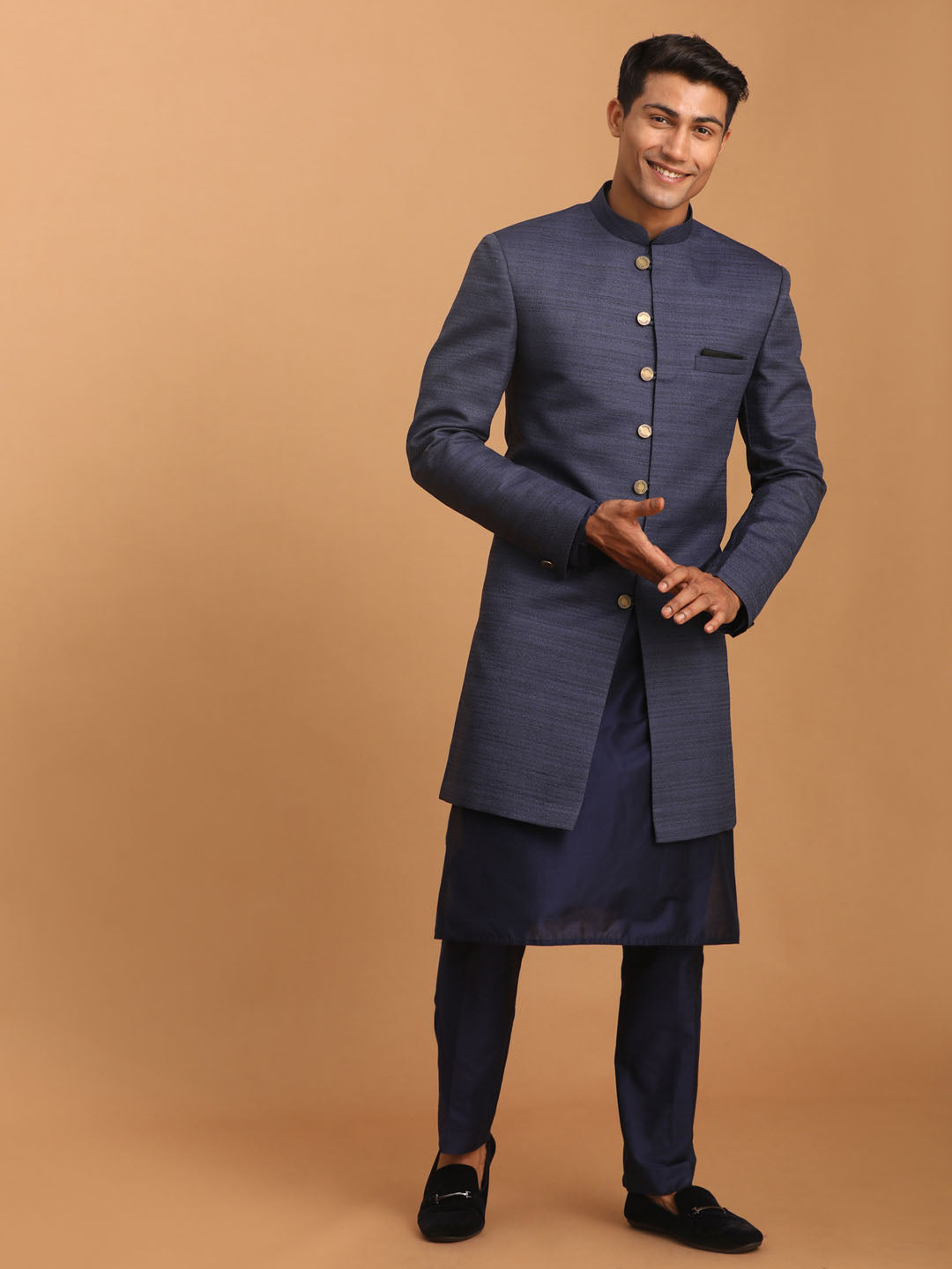 VASTRAMAY Men's Navy Blue Sherwani With Kurta Pant Set