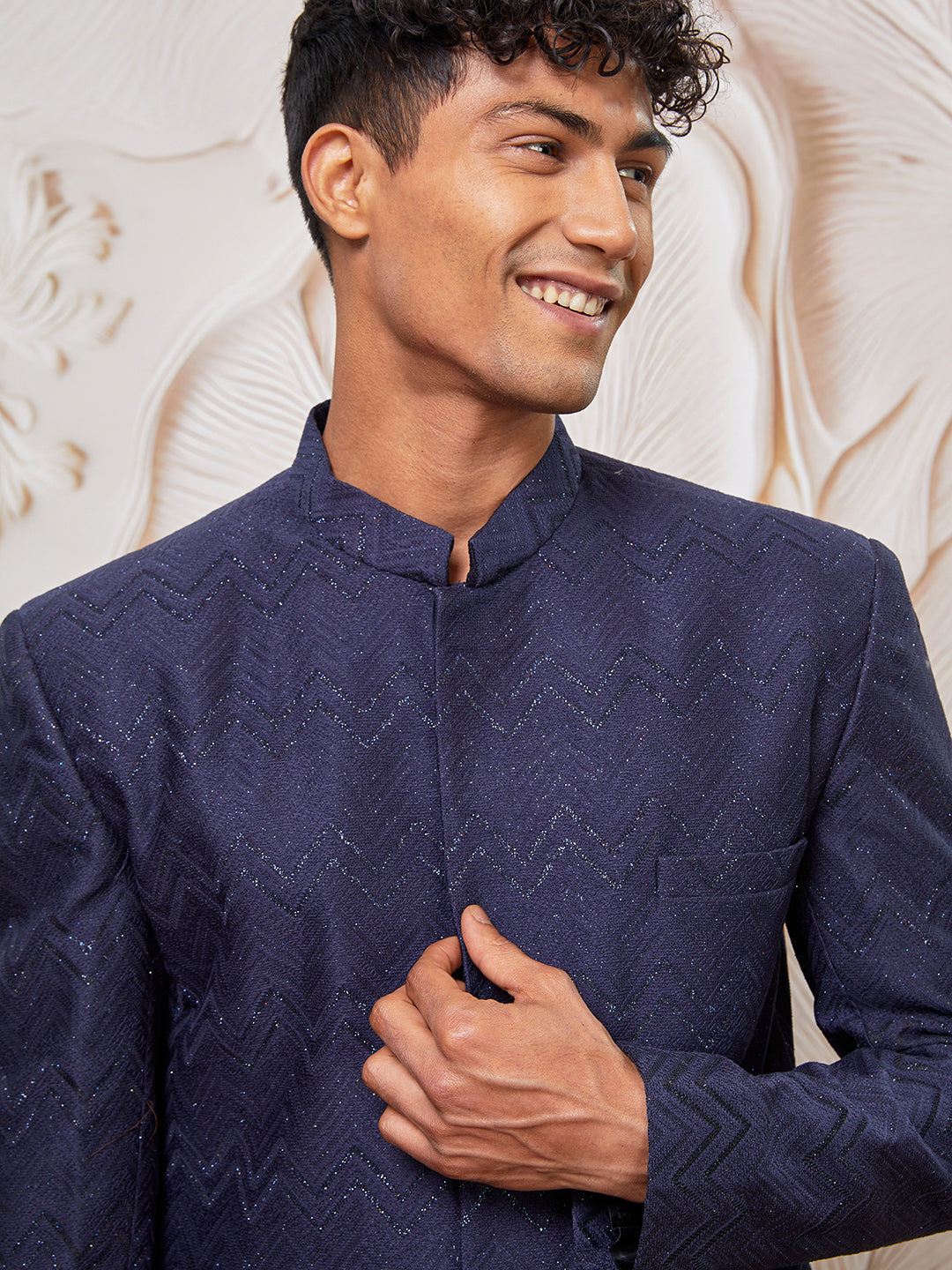 Men's Navy Blue Silk Blend Indowestern And Pant Set