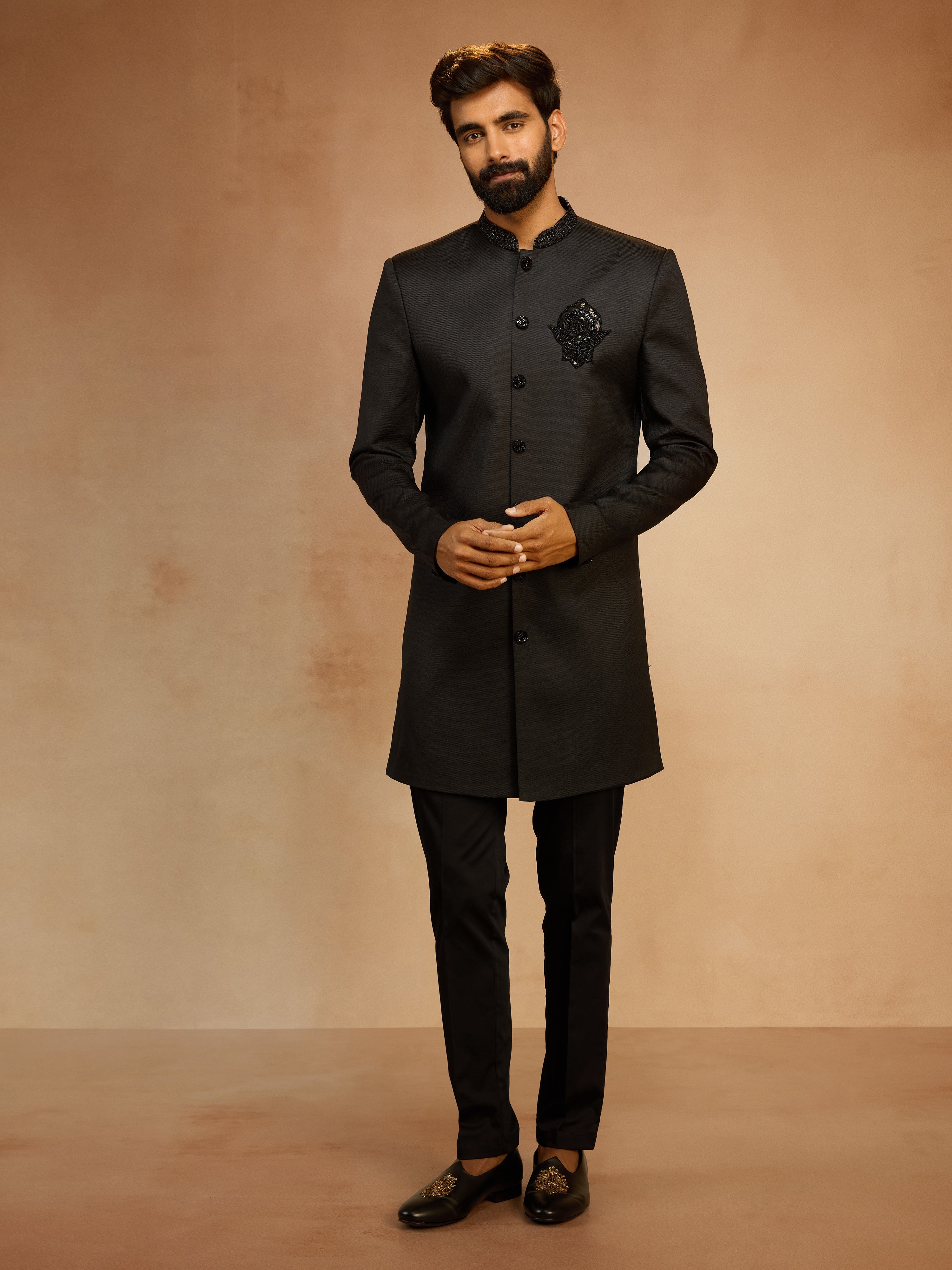 Men's Black Cutdana Sequin Embroidered Indo-Western Kurta with Pant Style Pyjama Set