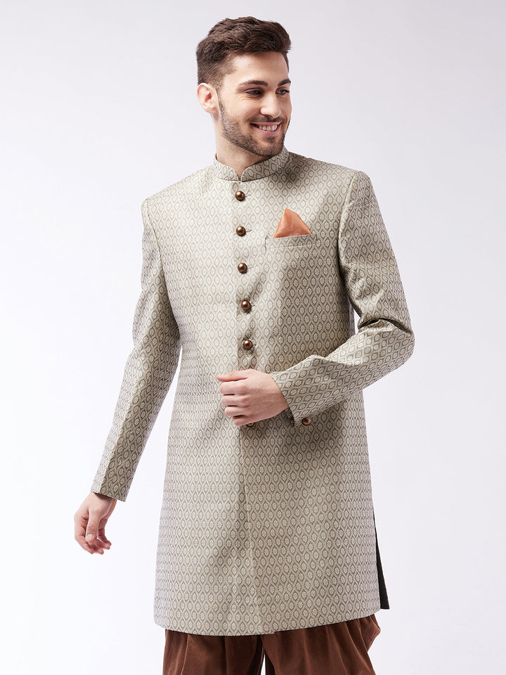 VASTRAMAY Men's Beige Silk Blend Sherwani Only Top