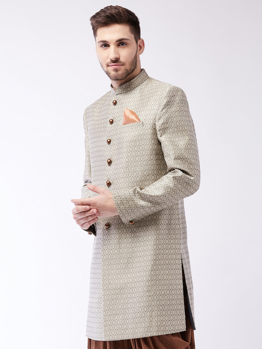 VASTRAMAY Men's Beige Silk Blend Sherwani Only Top