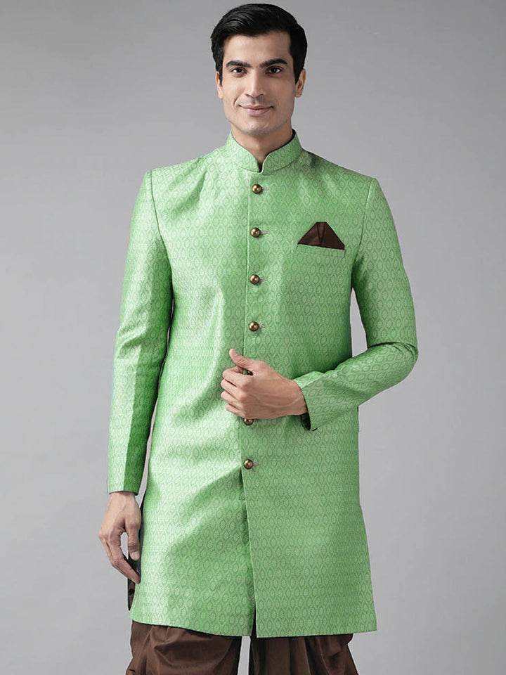 VASTRAMAY Men's Green Silk Blend Sherwani Top