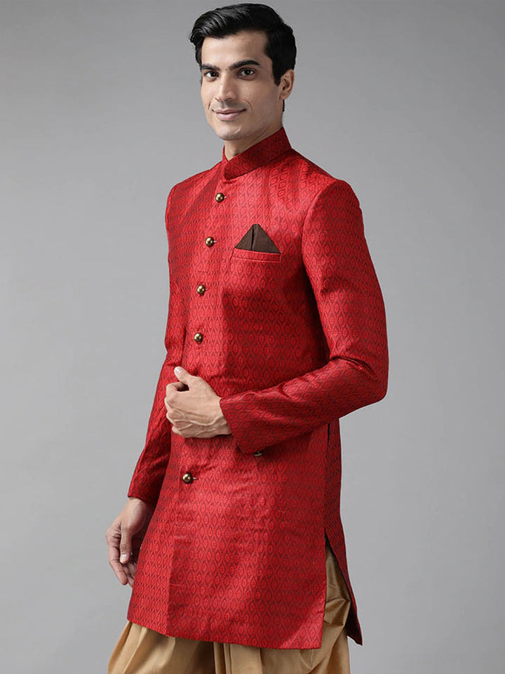 VASTRAMAY Men's Maroon Silk Blend Sherwani Top