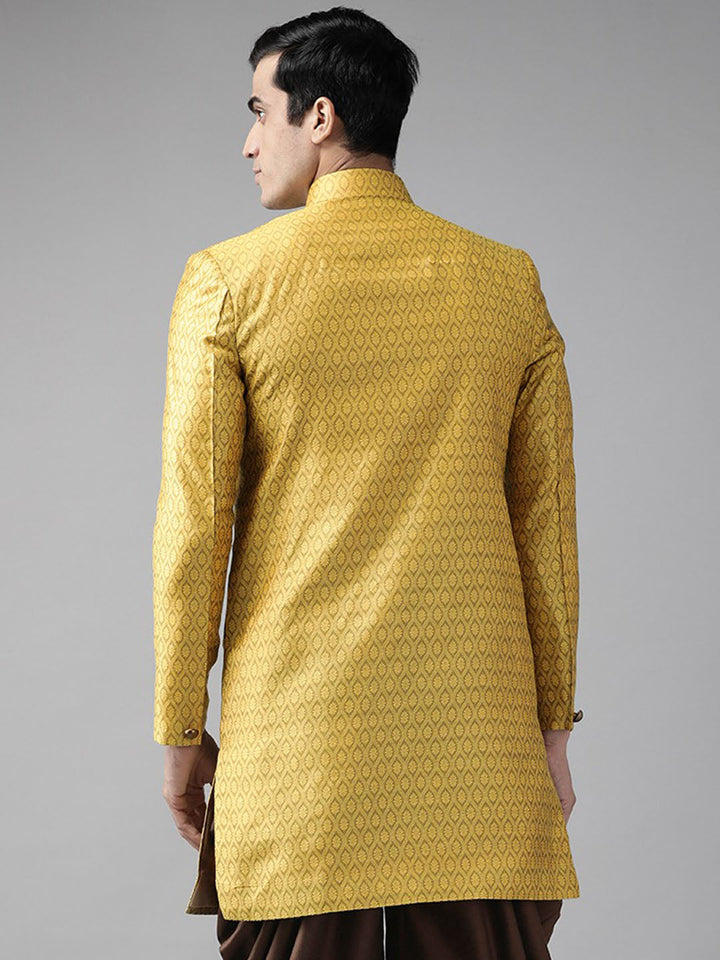 VASTRAMAY Men's Mustard Yellow Sik Blend Sherwani Top