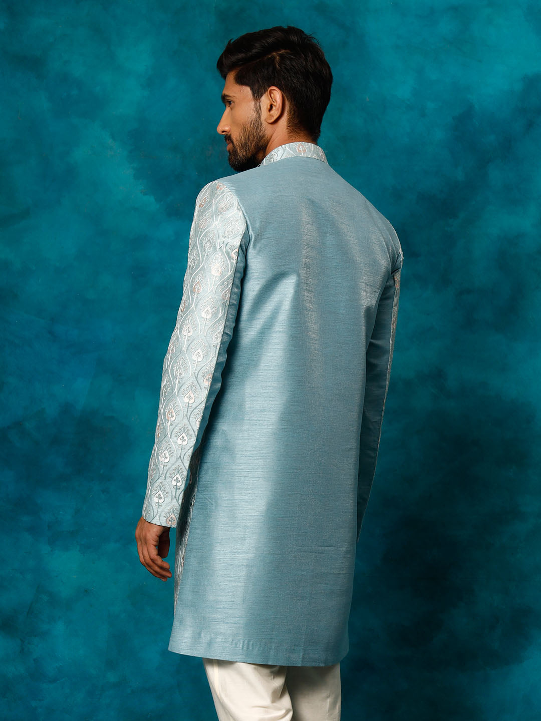 VASTRAMAY Men's Mint Green Pastel Embroidered Sherwani Only Top