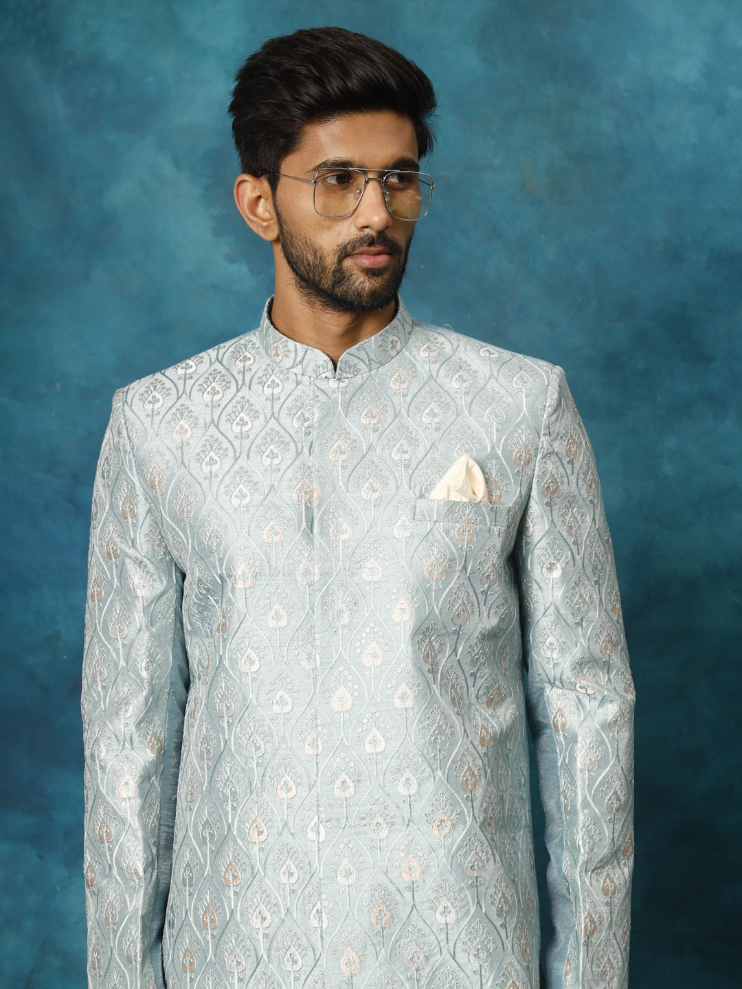 VASTRAMAY Men's Mint Green Pastel Embroidered Sherwani Only Top