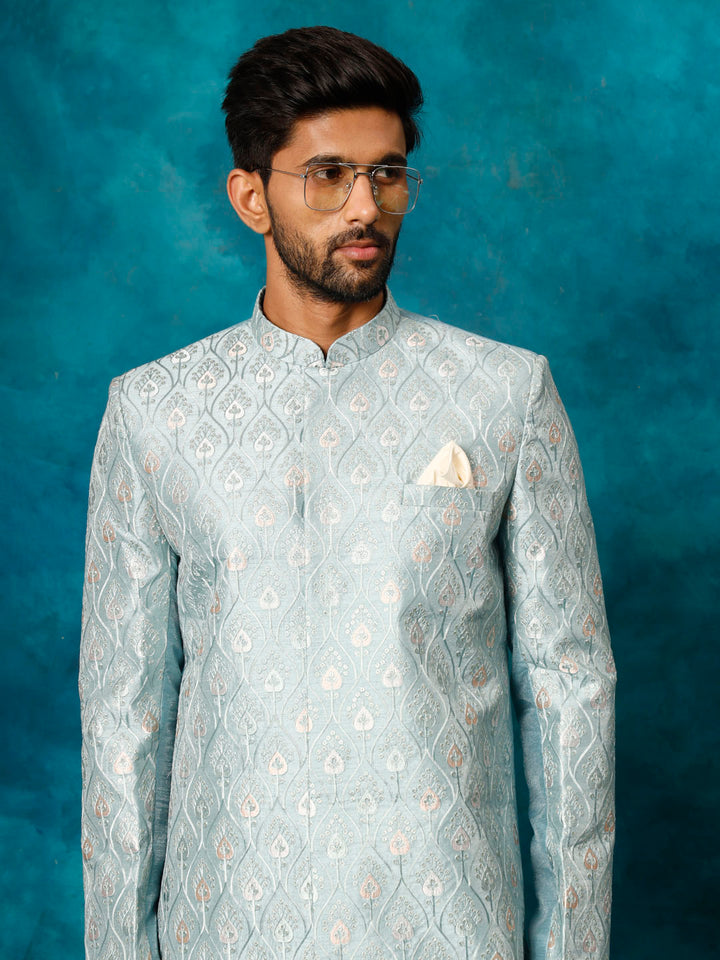 VASTRAMAY Men's Mint Green Pastel Embroidered Sherwani Only Top