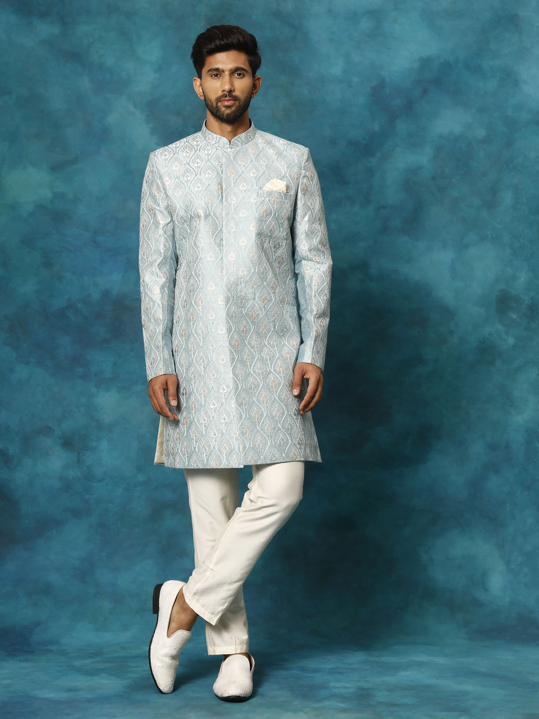 VASTRAMAY Men's Mint Green Pastel Embroidered Sherwani Only Top