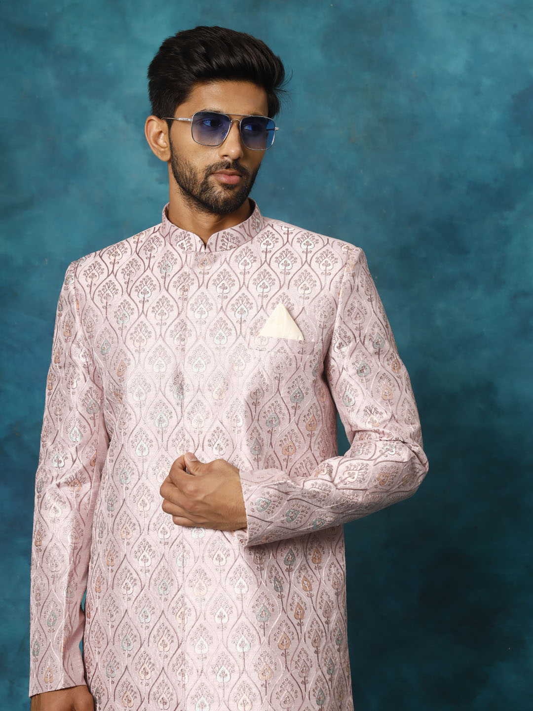 VASTRAMAY Men's Purple Pastel Embroidered Sherwani Only Top